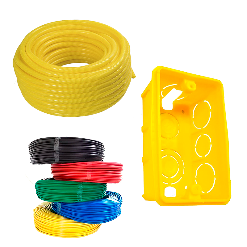 eletro-lima-cabos-caixinha-conduítes-holambra Imagem de fios elétricos coloridos (amarelo, preto, vermelho, verde, azul) e uma caixa de embutir elétrica amarela.