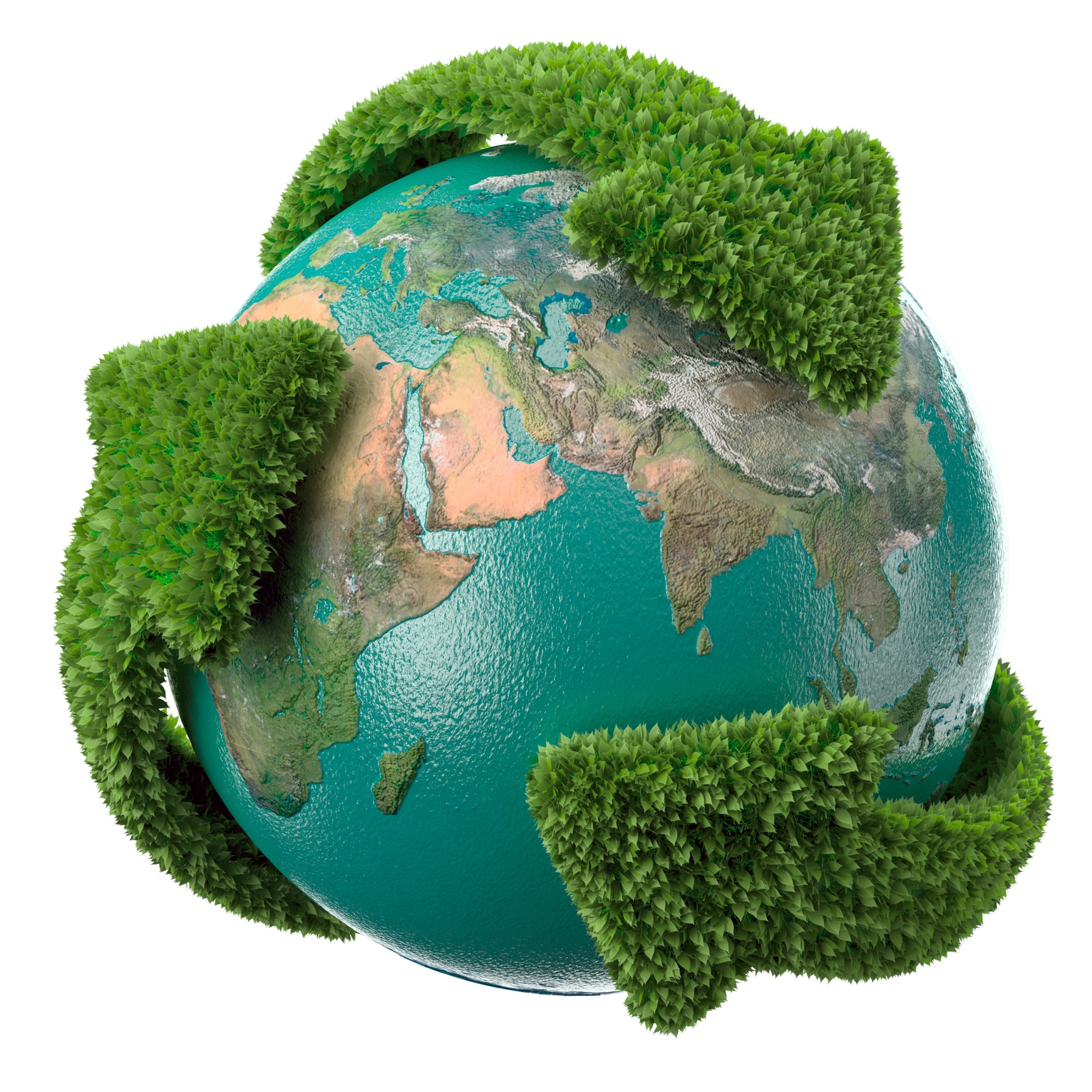 Globo terrestre com setas de reciclagem feitas de folhas verdes, simbolizando sustentabilidade e cuidado ambiental