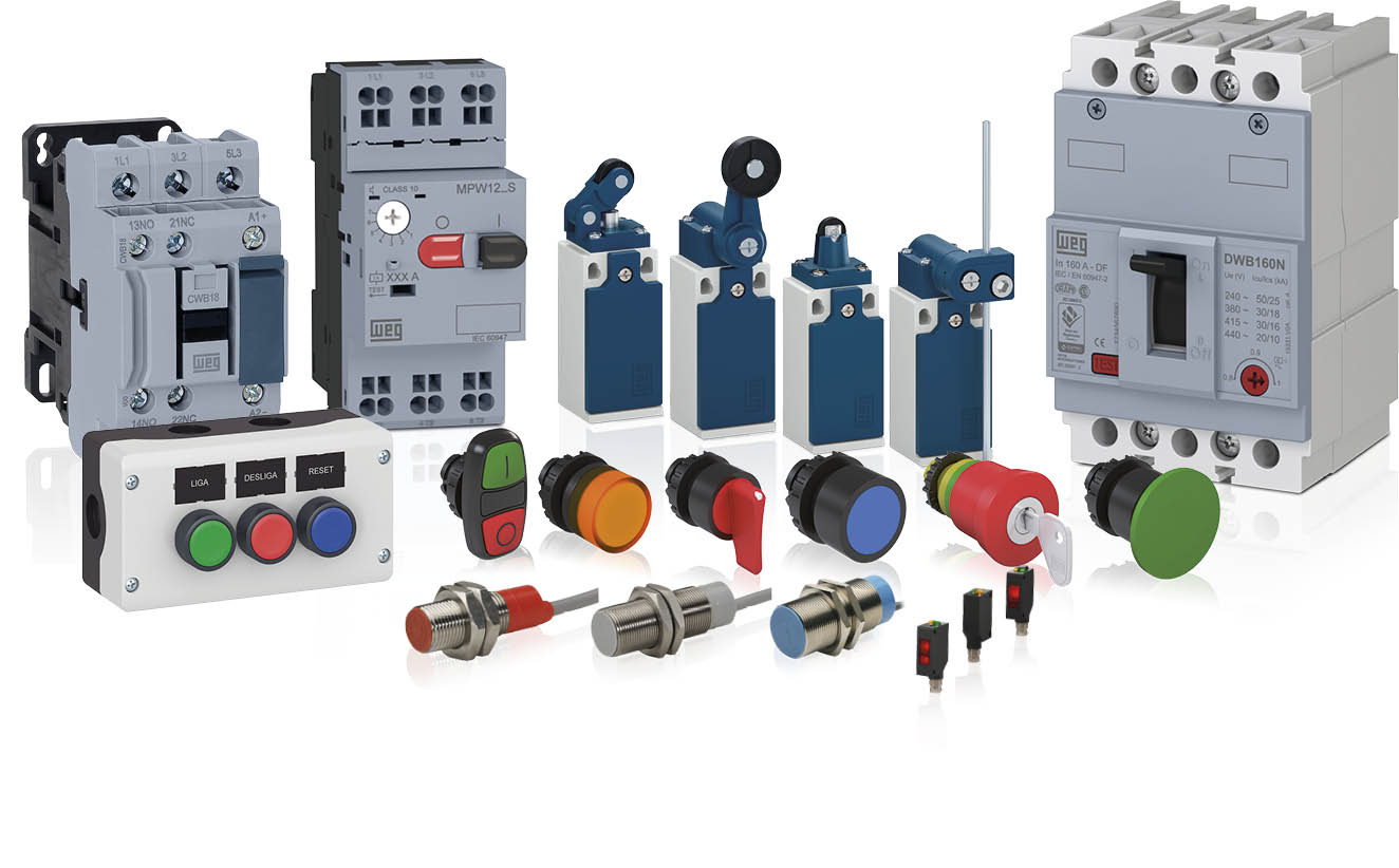pack_controls Componentes elétricos WEG incluindo disjuntores, interruptores, botões de comando e sensores industriais