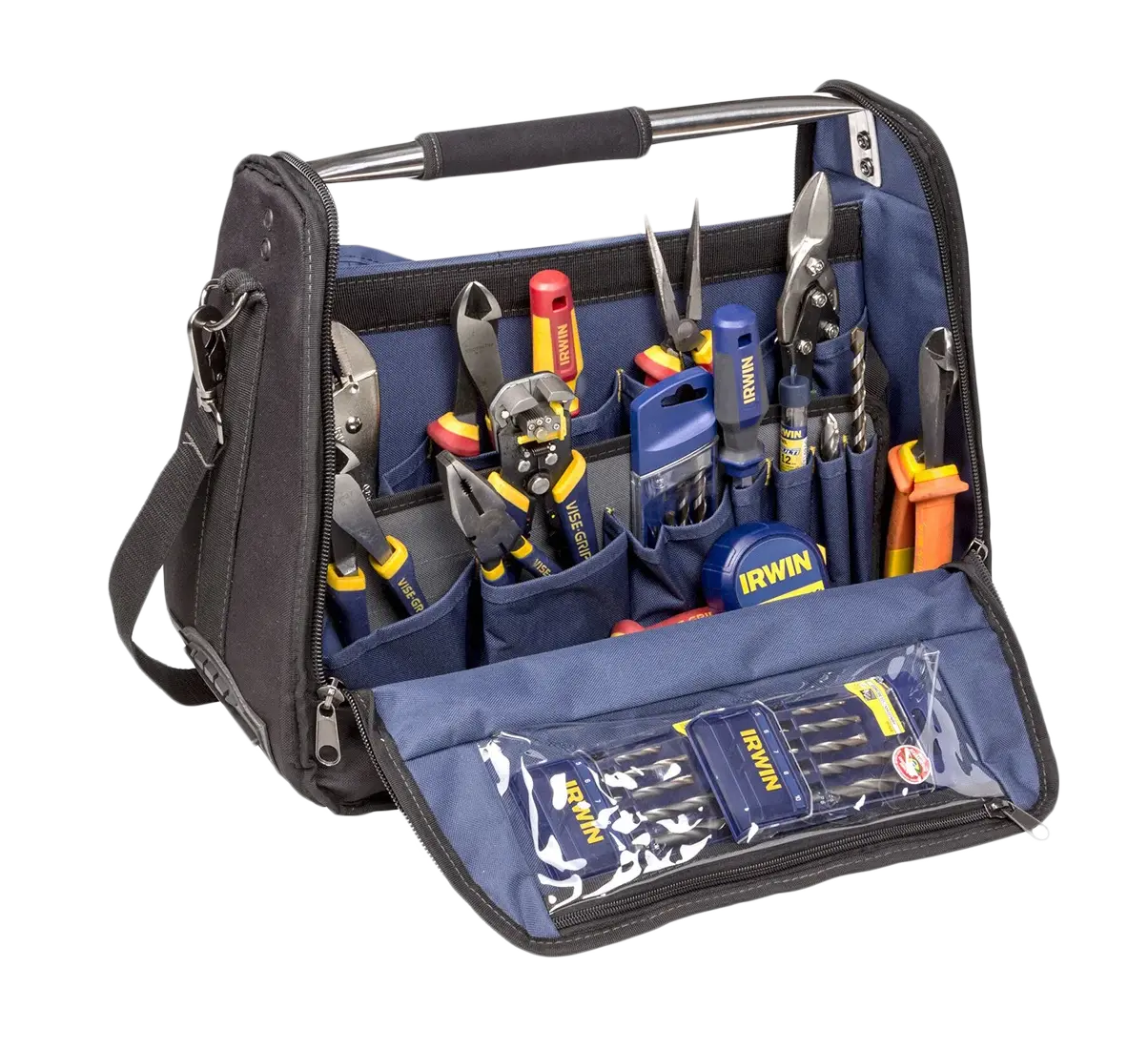 ferramentas irwin (1) Bolsa de ferramentas Irwin completa, contendo alicates, chaves, brocas e acessórios organizados em compartimentos