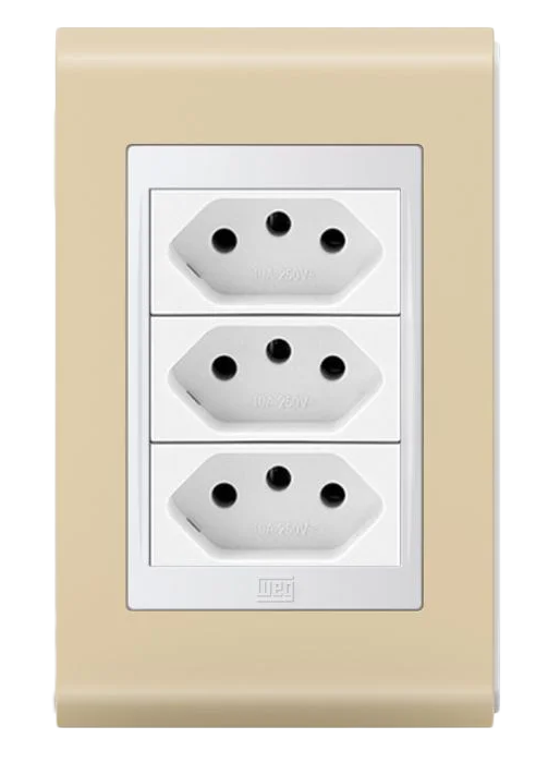 tomadas–weg-linha-refinatto-style-preto Tomada tripla embutida com acabamento bege e suporte para conexão de dispositivos padrão brasileiro